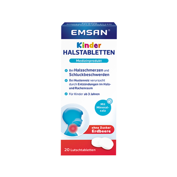 Die Packungen der Emsan® Kinderhalstabletten Vanille und Erdbeere