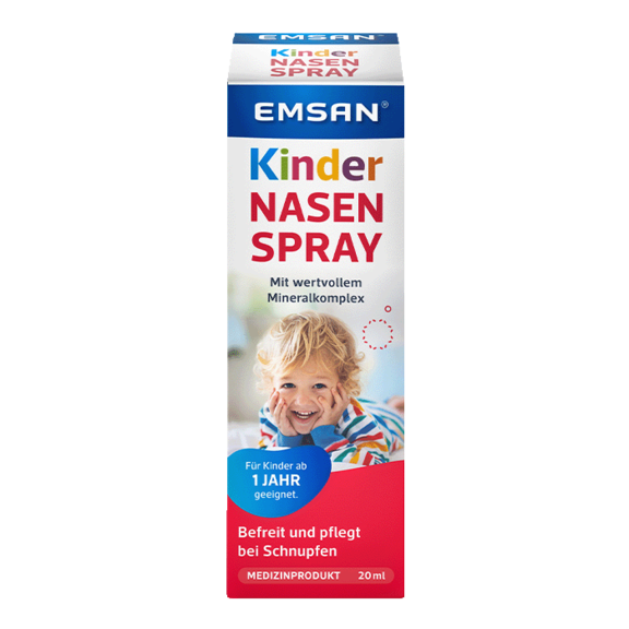 Die Verpackung des Emsan Kindernasenspray mit 20 Millilitern Inhalt.