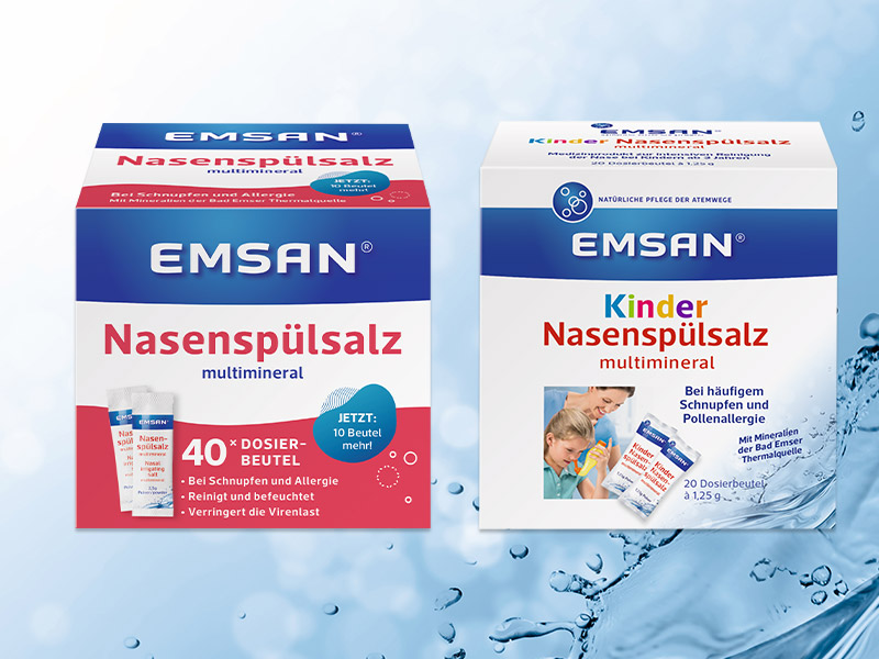 Emsan® Nasenspülsalz multimineral – bei Schnupfen, Allergie und Staubbelastung Die Packungen des Emsan® Nasenspülsalz und Emsan® Kindernasenspülsalz.