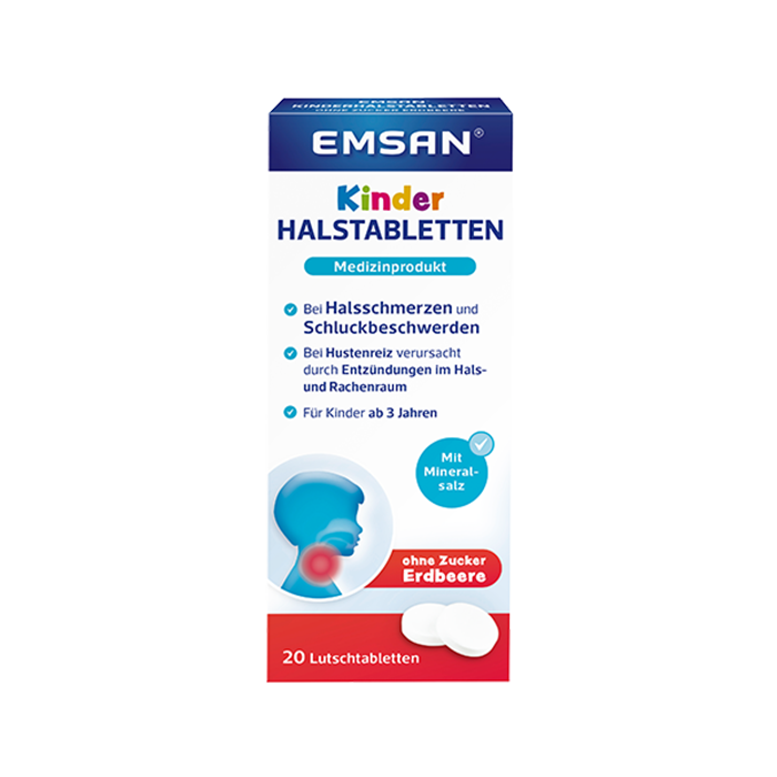 Emsan® Kinderhalstabletten Vanille und Erdbeere Die Packungen der Emsan® Kinderhalstabletten Vanille und Erdbeere