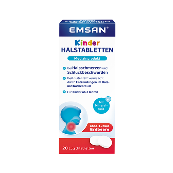 Emsan® Kinderhalstabletten Vanille und Erdbeere Die Produktverpackung der Emsan® Kinderhalstabletten in den Sorten Vanille Erdbeere