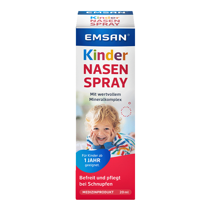 Emsan Kindernasenspray Die Verpackung des Emsan Kindernasenspray mit 20 Millilitern Inhalt.