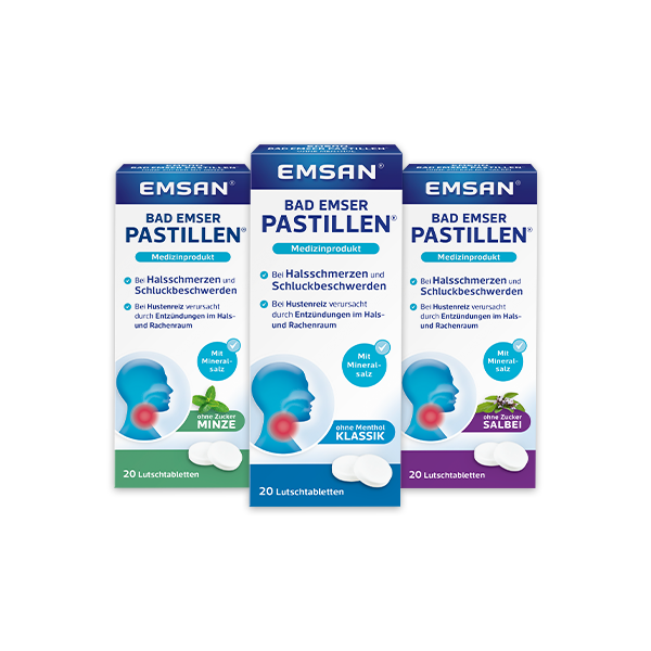 Emsan® Bad Emser Pastillen® Die Packungen aller drei Sorten Emsan® Bad Emser Pastillen® im neuen Look