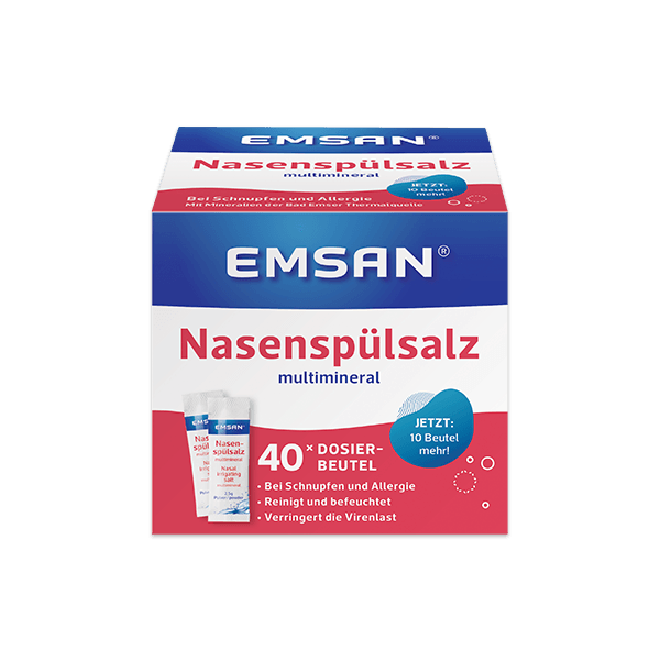 Emsan® Nasenspülsalz multimineral Die Verpackung des Emsan® Nasenspülsalz multimineral