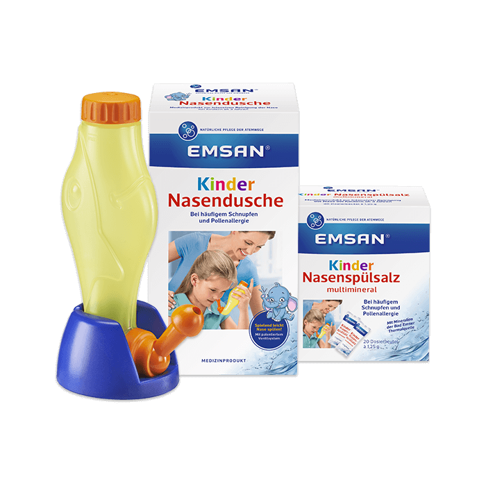 Emsan® Kindernasendusche und Kindernasenspülsalz Verpackung der Emsan® Kindernasendusche und des Kindernasenspülsalz